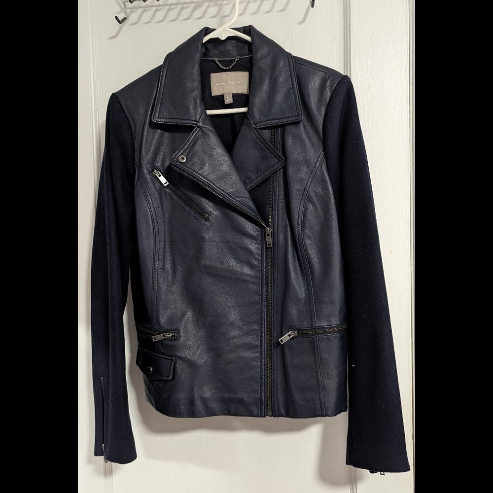 Banana Republic - Navy Blue Lamb Leather Jacket Moto Biker Wool Sleeves - L